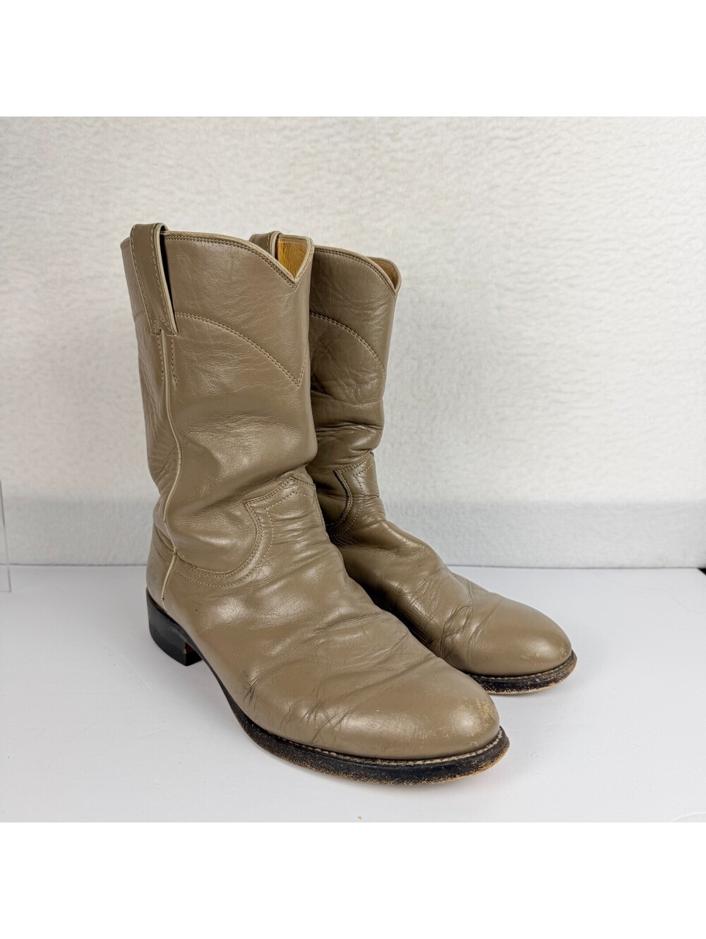 Justin Vintage Roper Boots Mens Size 8D Taupe Pull On Style 3033 Cowboy Western